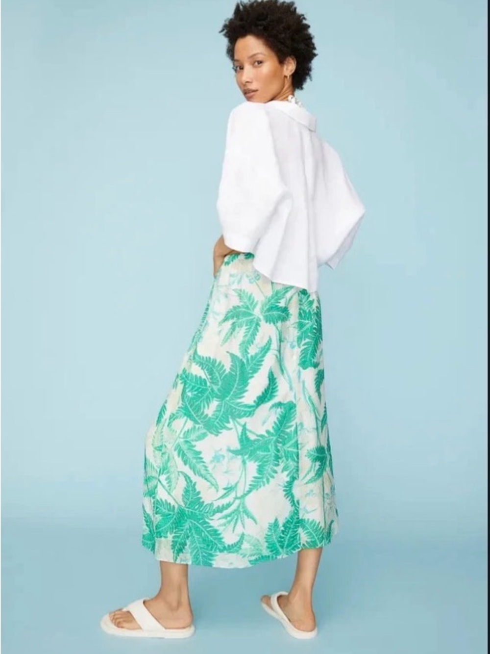 H&M White Maxi Skirt with Green Palm Print